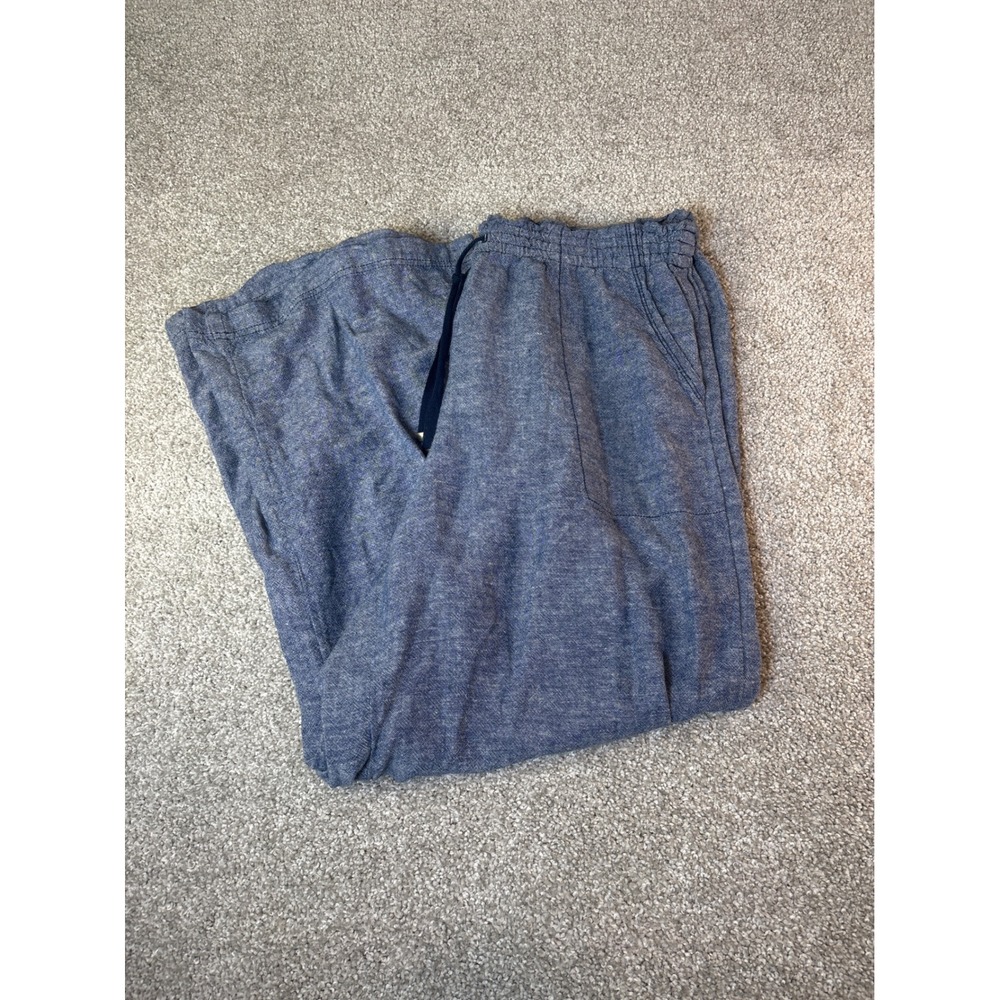 Women Large Blue Linen Blend Drawstring Wide Leg Comfy Cozy Lounge